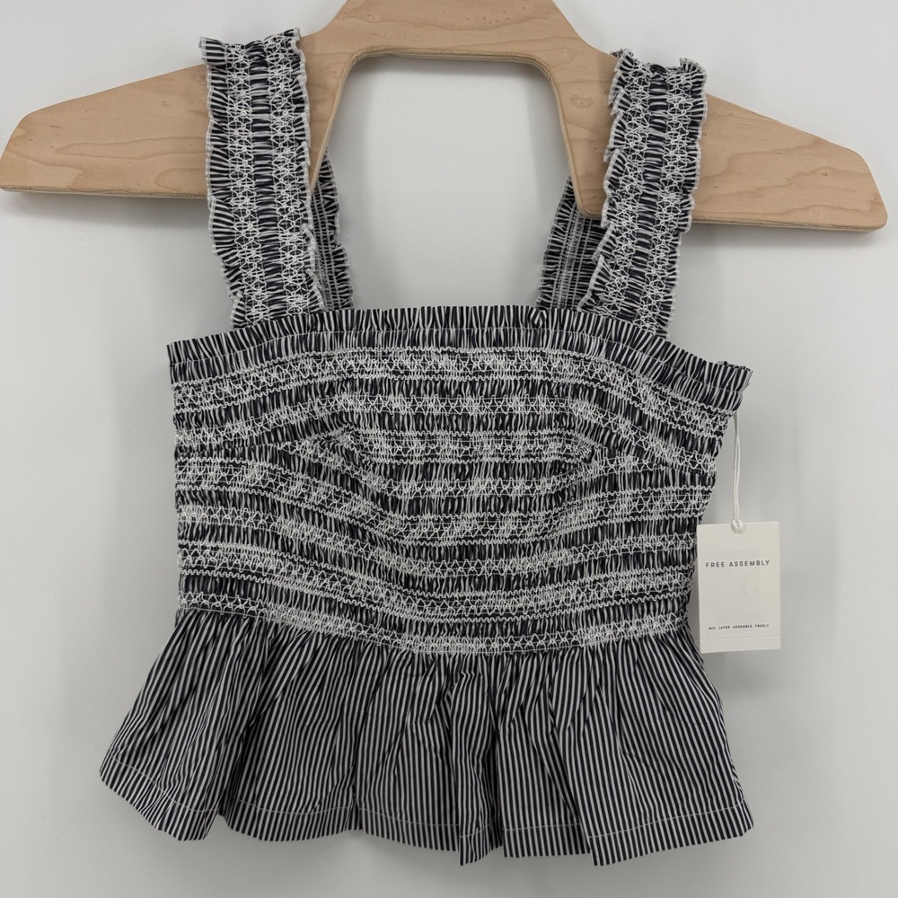 Free Assembly Navy White Striped Smocked Peplum Top Ruffle Straps Small NWT